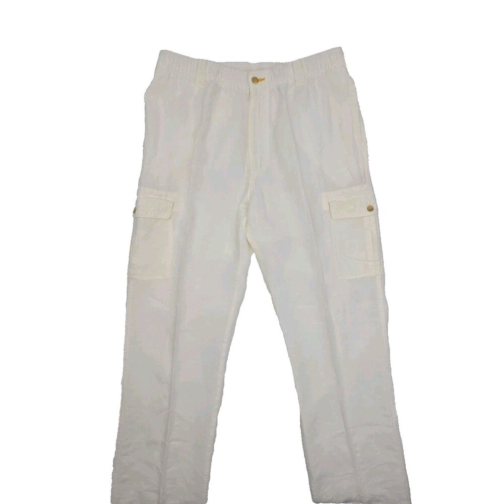 Caribbean Pants White 100% Linen Cargo Men Sz 36 x 34 Elastic Waist Beach Pocket